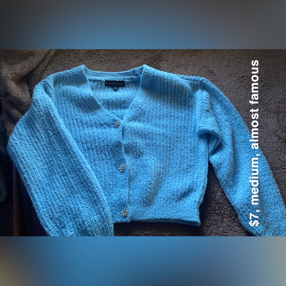 medium blue button up fluffy long sleeve top